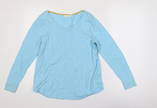 White Stuff Women Blue Long Sleeve V-Neck Cotton Jersey Top Size 10