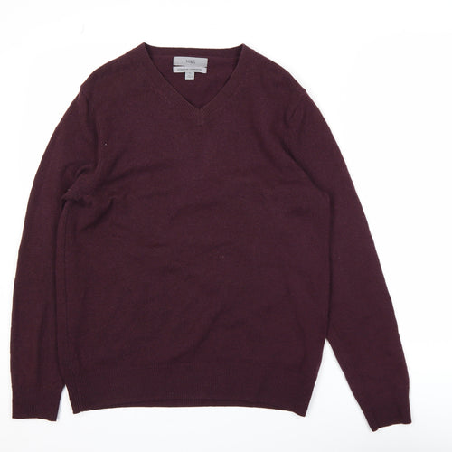 Marks and Spencer Men's Purple Wool V-Neck Jumper Size M