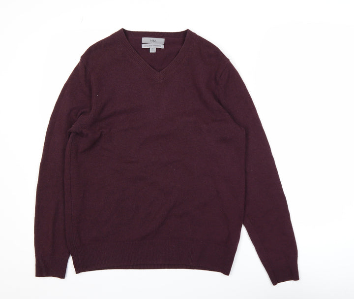Marks and Spencer Men's Purple Wool V-Neck Jumper Size M