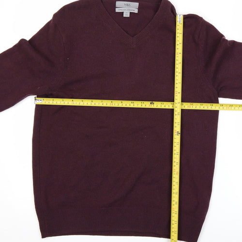 Marks and Spencer Men's Purple Wool V-Neck Jumper Size M