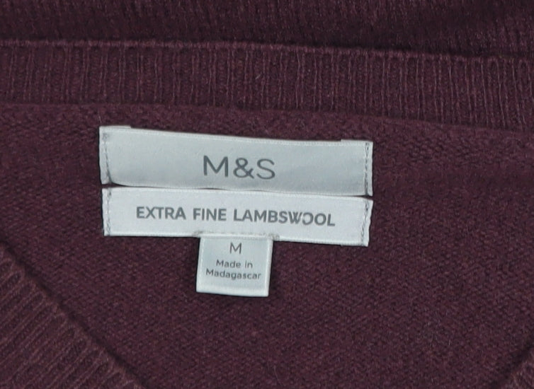 Marks and Spencer Men's Purple Wool V-Neck Jumper Size M