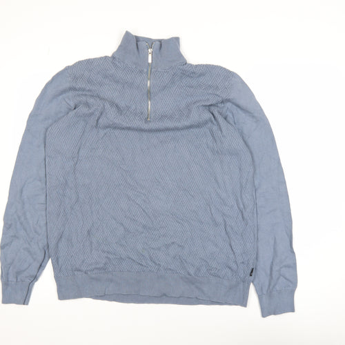 Burton Menswear Blue XL High Neck Half Zip Cotton Jumper