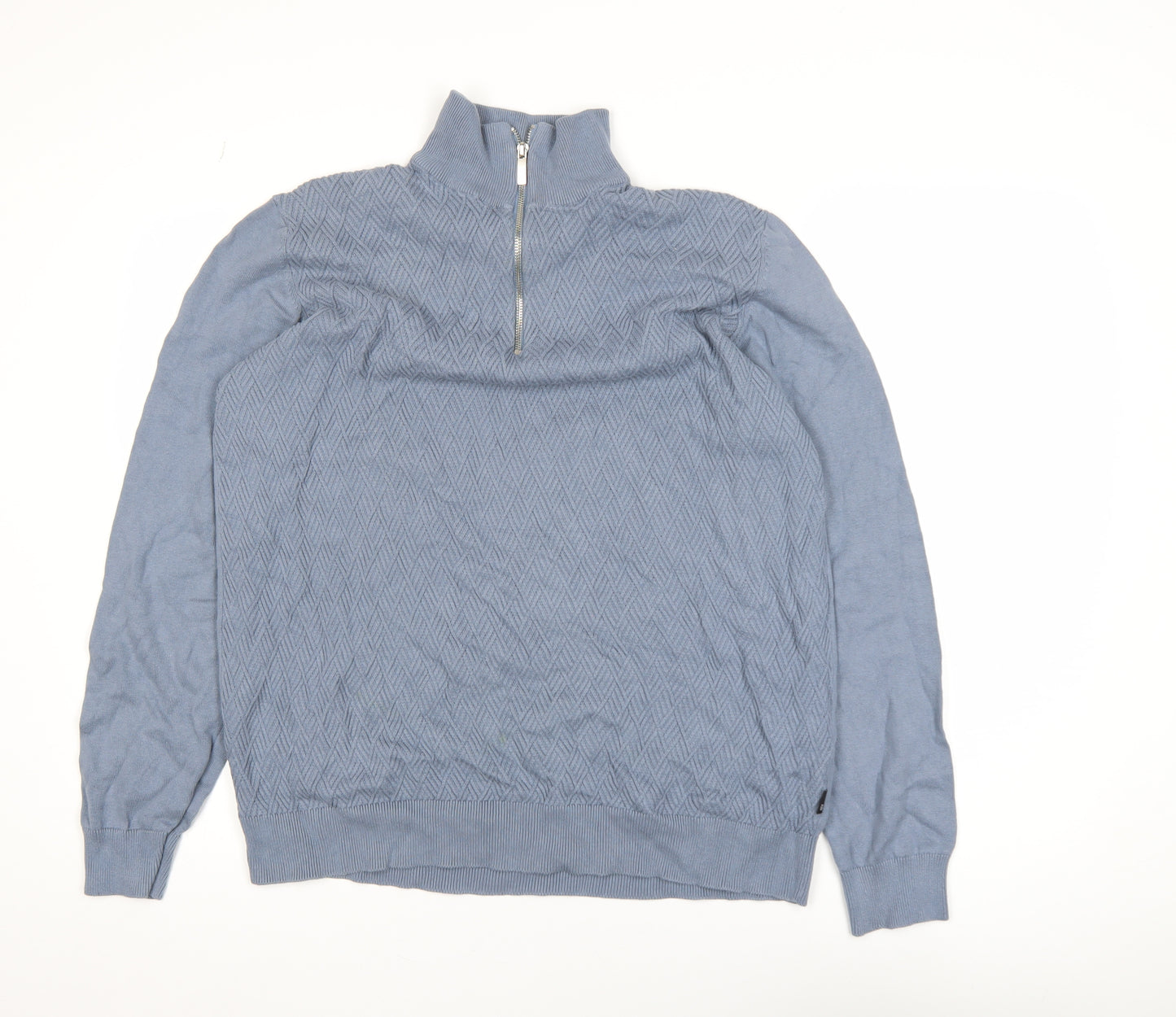Burton Menswear Blue XL High Neck Half Zip Cotton Jumper