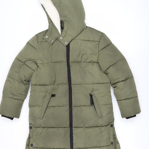 F&F Girls Green Hooded Long Puffer Coat 7-8 Years Winter Quilted Jacket