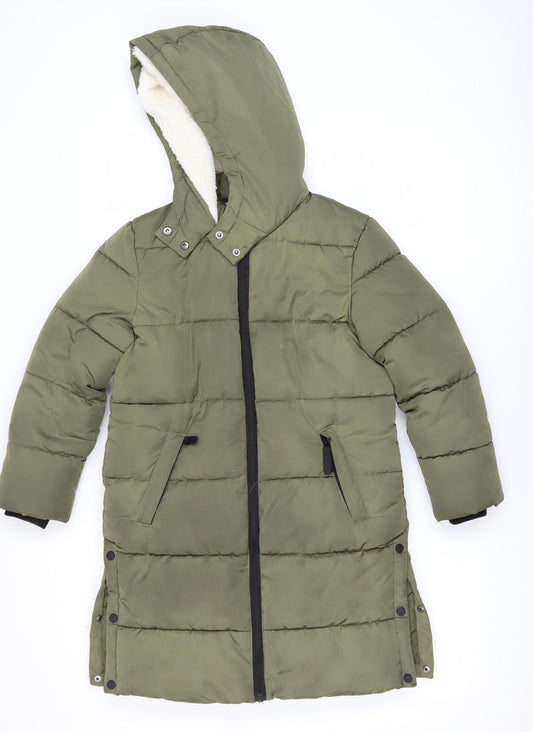 F&F Girls Green Hooded Long Puffer Coat 7-8 Years Winter Quilted Jacket