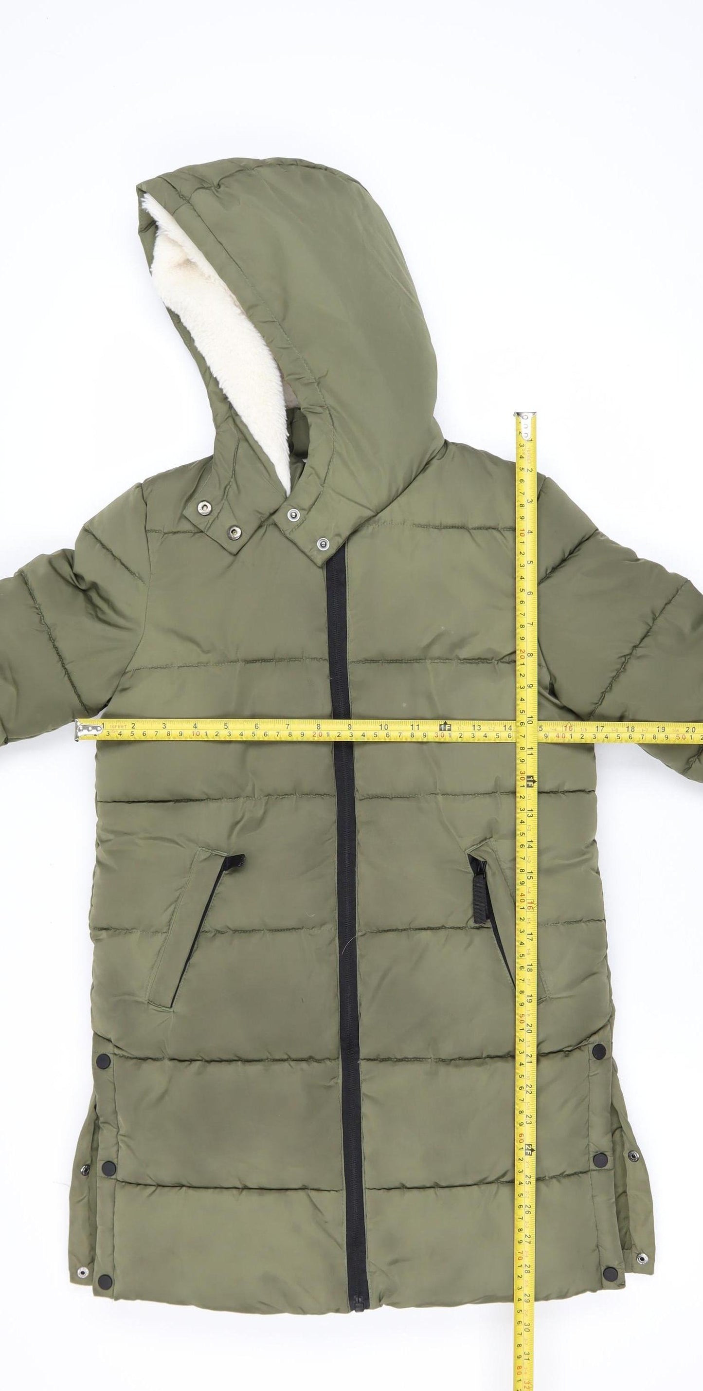 F&F Girls Green Hooded Long Puffer Coat 7-8 Years Winter Quilted Jacket