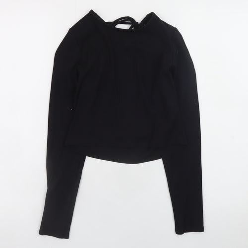 Monki Women Black Cropped Long Sleeve Jersey Top Size S