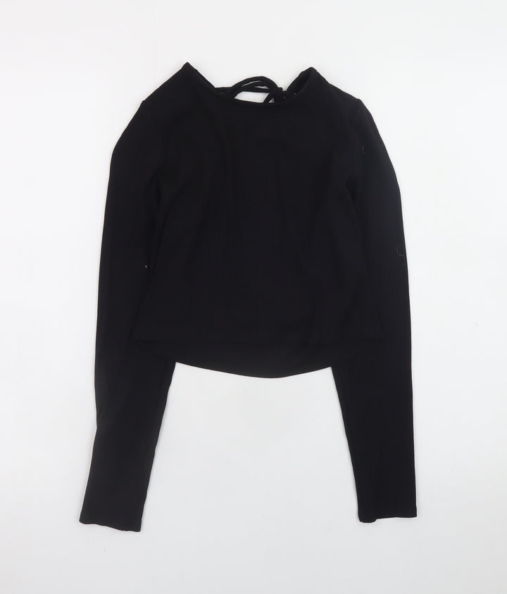 Monki Women Black Cropped Long Sleeve Jersey Top Size S