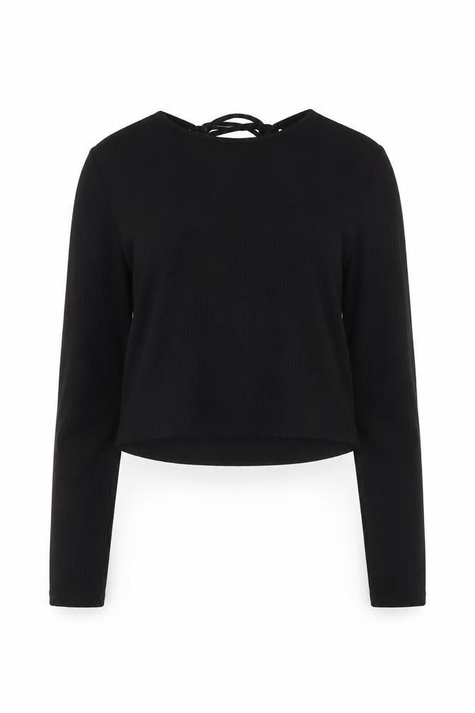 Front view of Monki Women Black Cropped Long Sleeve Jersey Top, size S
