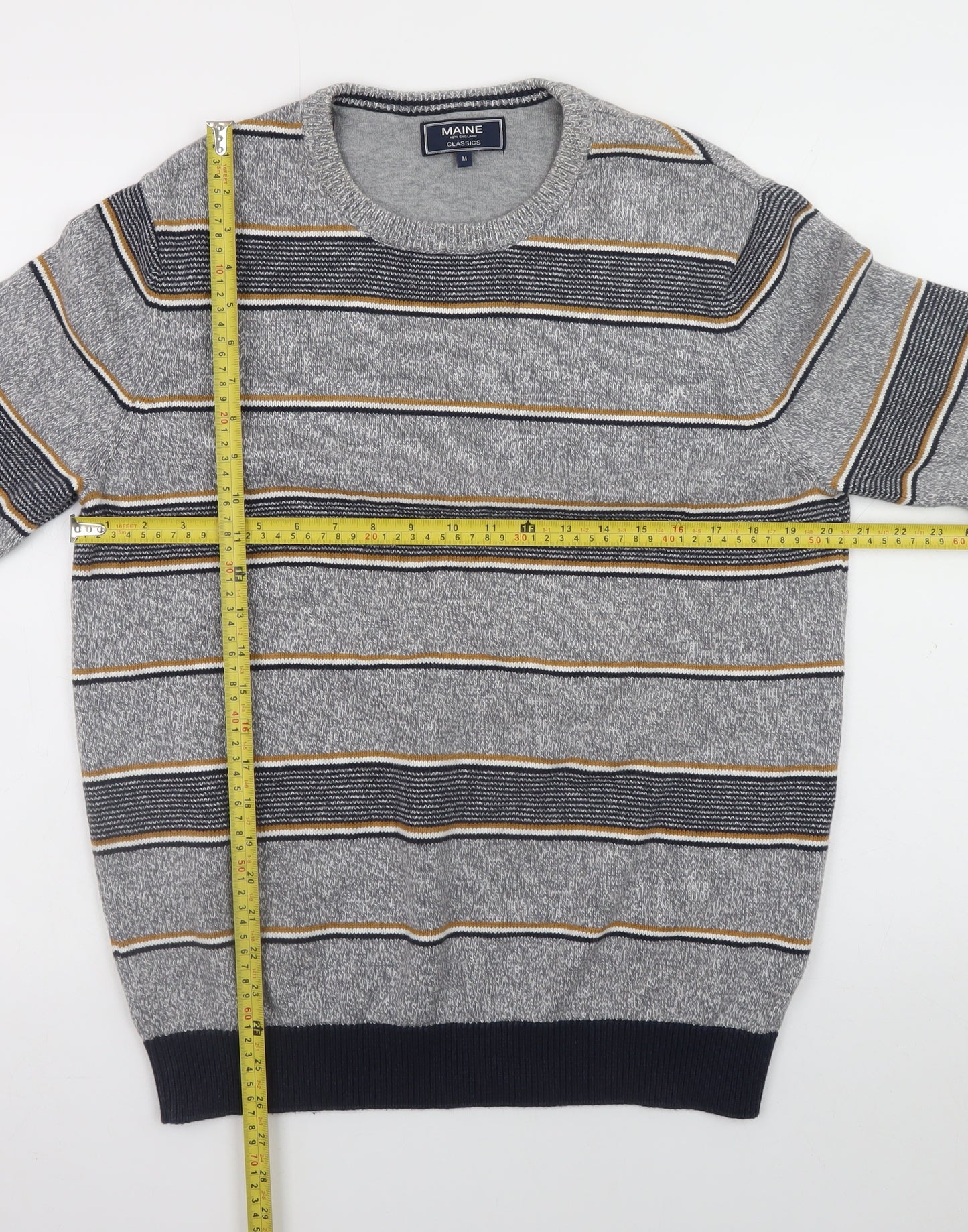 Maine New England Men’s Grey Striped Cotton Pullover Jumper M
