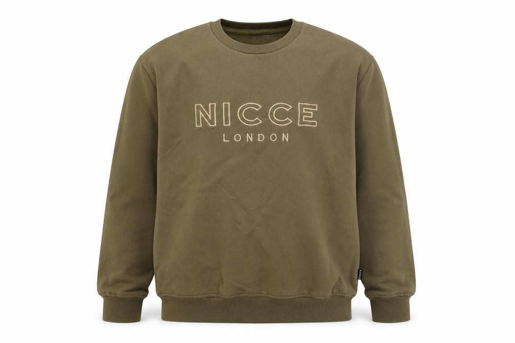 Front view of NICCE London Men’s Brown Crew Neck Logo Sweatshirt, size L