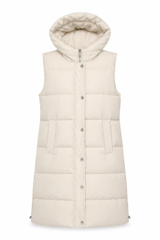 Cherry Koko Women's Beige Long Hooded Puffer Waistcoat M