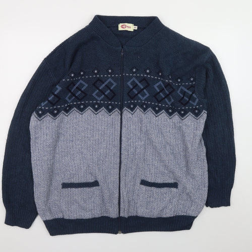 Carabou Mens Blue Geometric Full Zip Acrylic Jumper 4XL