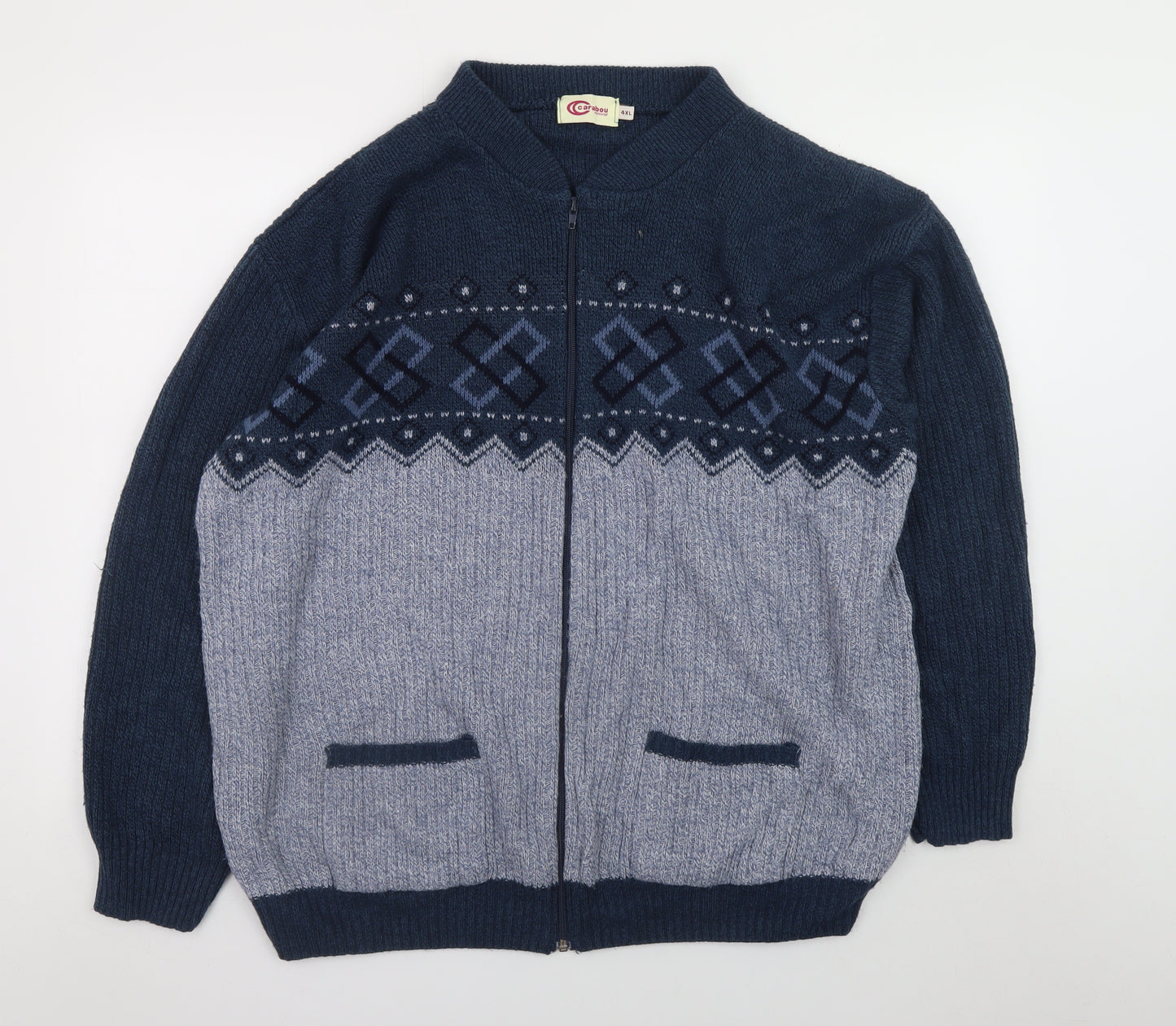Carabou Mens Blue Geometric Full Zip Acrylic Jumper 4XL