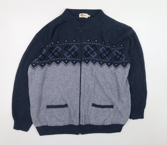 Carabou Mens Blue Geometric Full Zip Acrylic Jumper 4XL