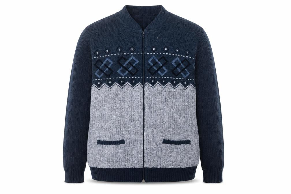 Carabou Mens Blue Geometric Full Zip Acrylic Jumper 4XL