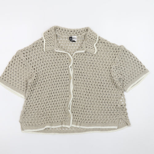 H&M Women’s Beige Crochet Short Sleeve Collared Cardigan Size 14