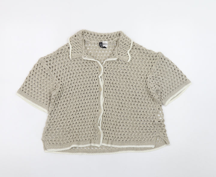 H&M Women’s Beige Crochet Short Sleeve Collared Cardigan Size 14
