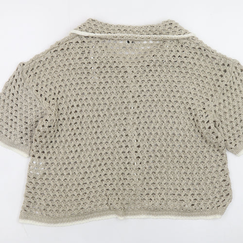 H&M Women’s Beige Crochet Short Sleeve Collared Cardigan Size 14
