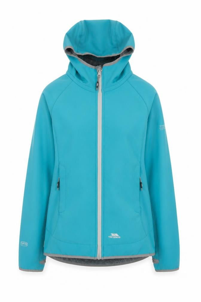 Front view of Trespass Women's Blue XS Softshell Hooded Mid-Length Jacket