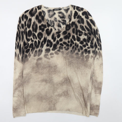 Olsen Women Beige Leopard Print V-Neck Pullover Jumper Size 12