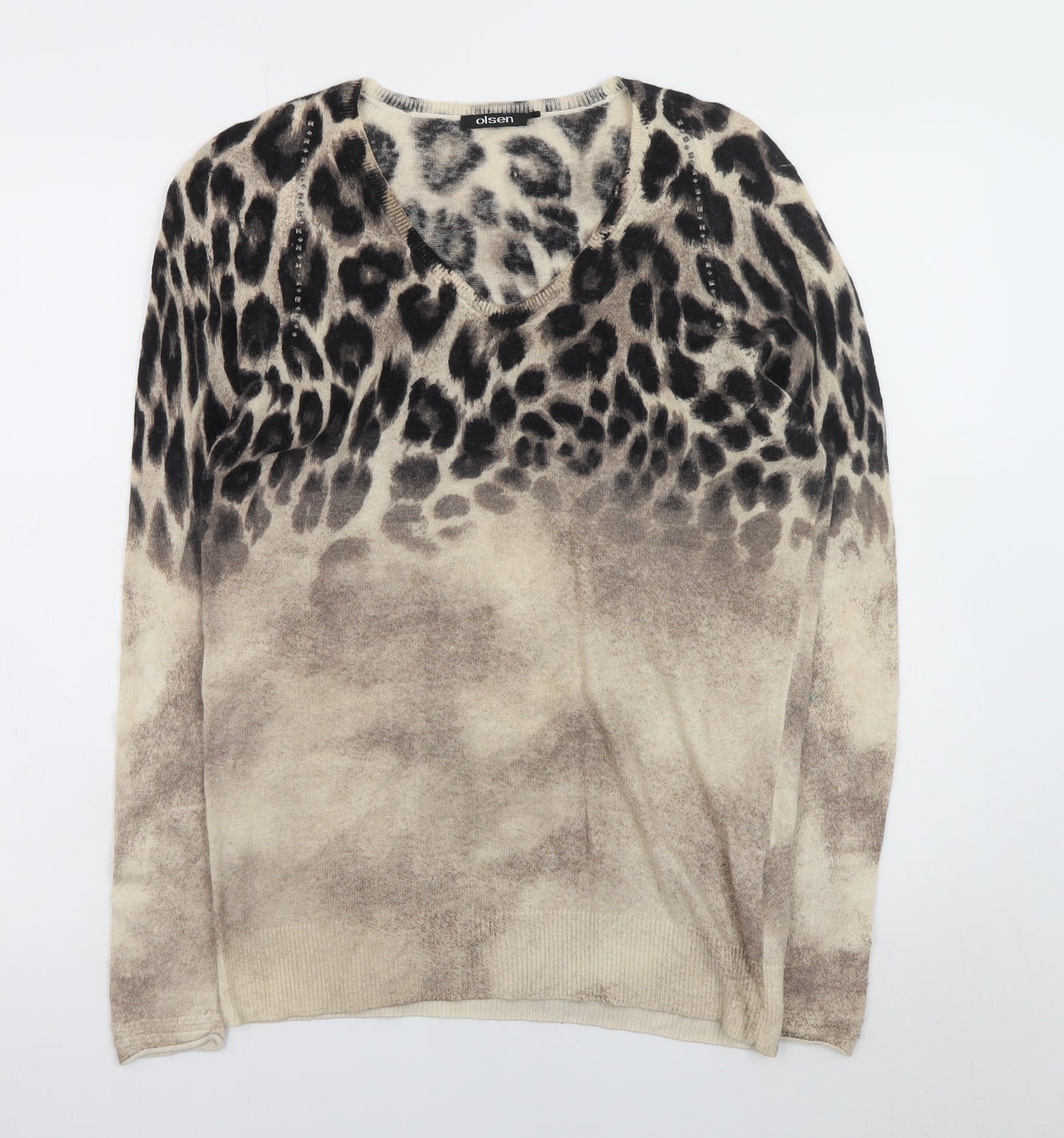 Olsen Women Beige Leopard Print V-Neck Pullover Jumper Size 12