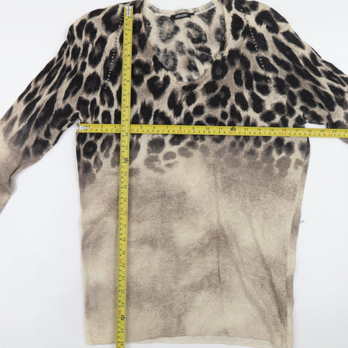 Olsen Women Beige Leopard Print V-Neck Pullover Jumper Size 12