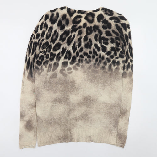 Olsen Women Beige Leopard Print V-Neck Pullover Jumper Size 12