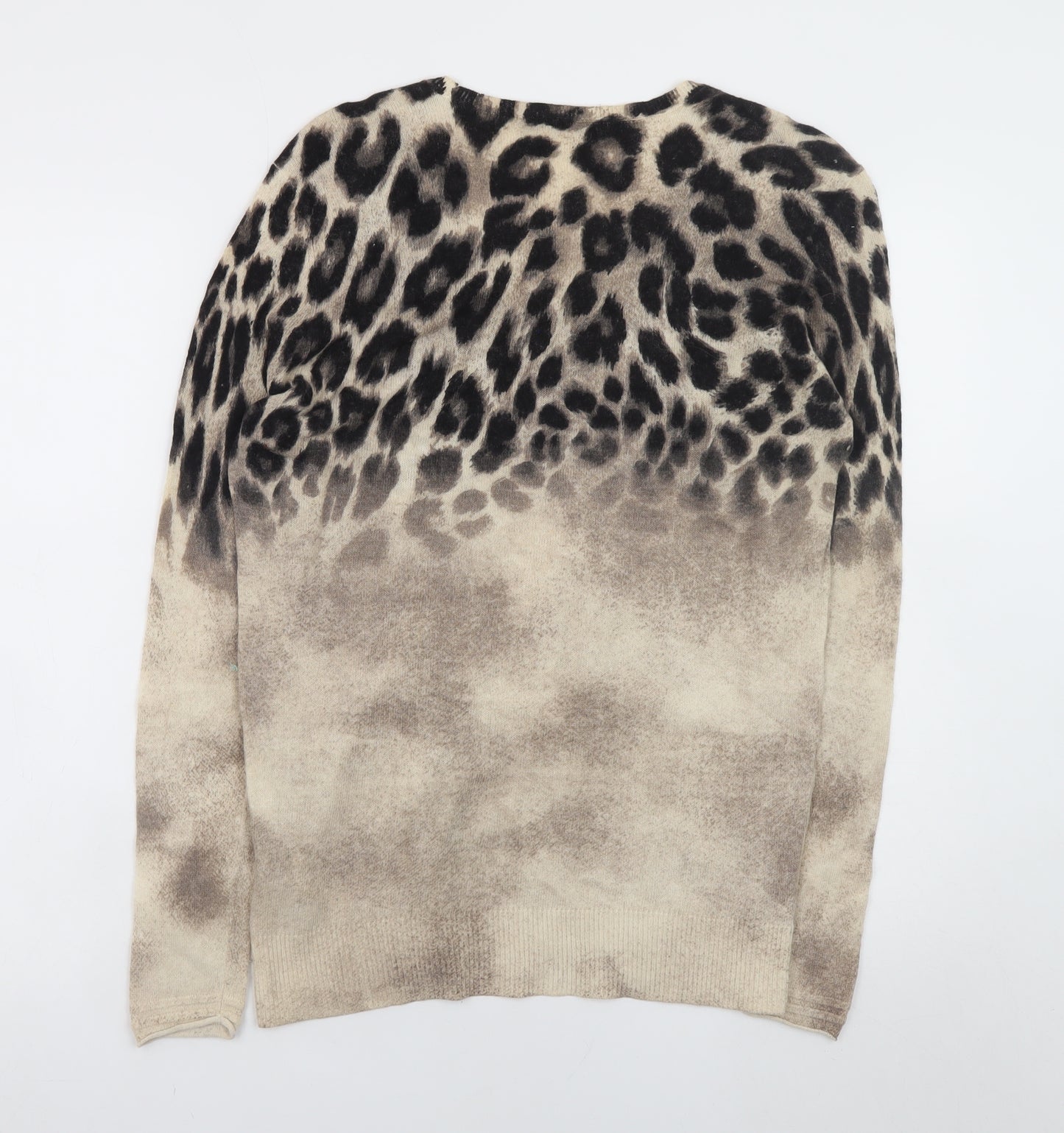 Olsen Women Beige Leopard Print V-Neck Pullover Jumper Size 12