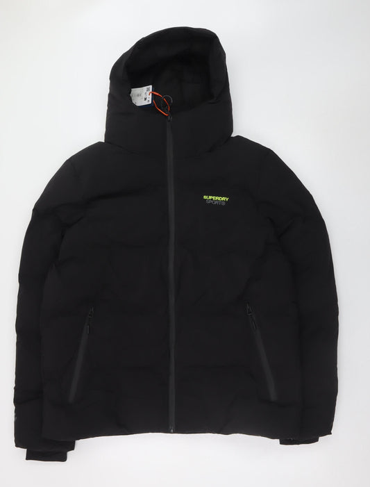 Superdry Men's Black L Puffer Jacket Hooded Insulated Polyester