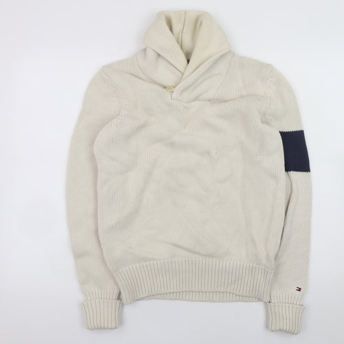 Tommy Hilfiger Men's Ivory Knit Pullover Jumper S Collared Logo Classic