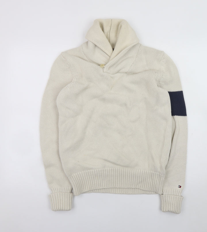 Tommy Hilfiger Men's Ivory Knit Pullover Jumper S Collared Logo Classic