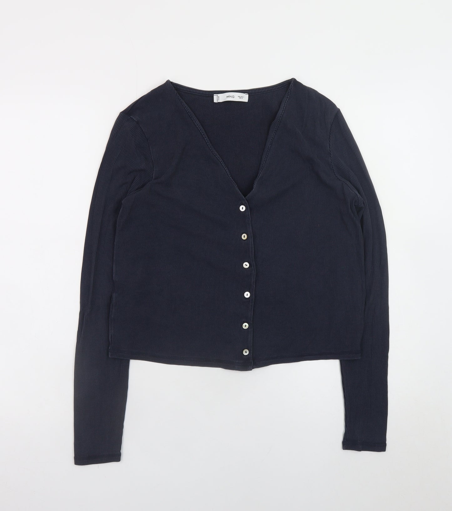 MNG Women's Blue Long Sleeve V-Neck Button-Up Top Size L