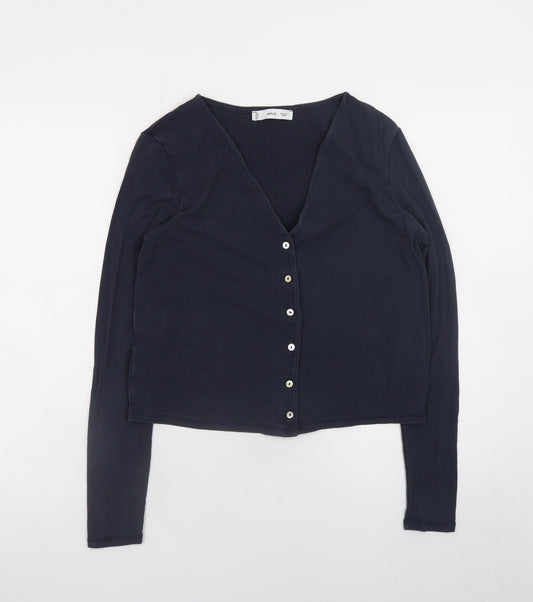 MNG Women's Blue Long Sleeve V-Neck Button-Up Top Size L