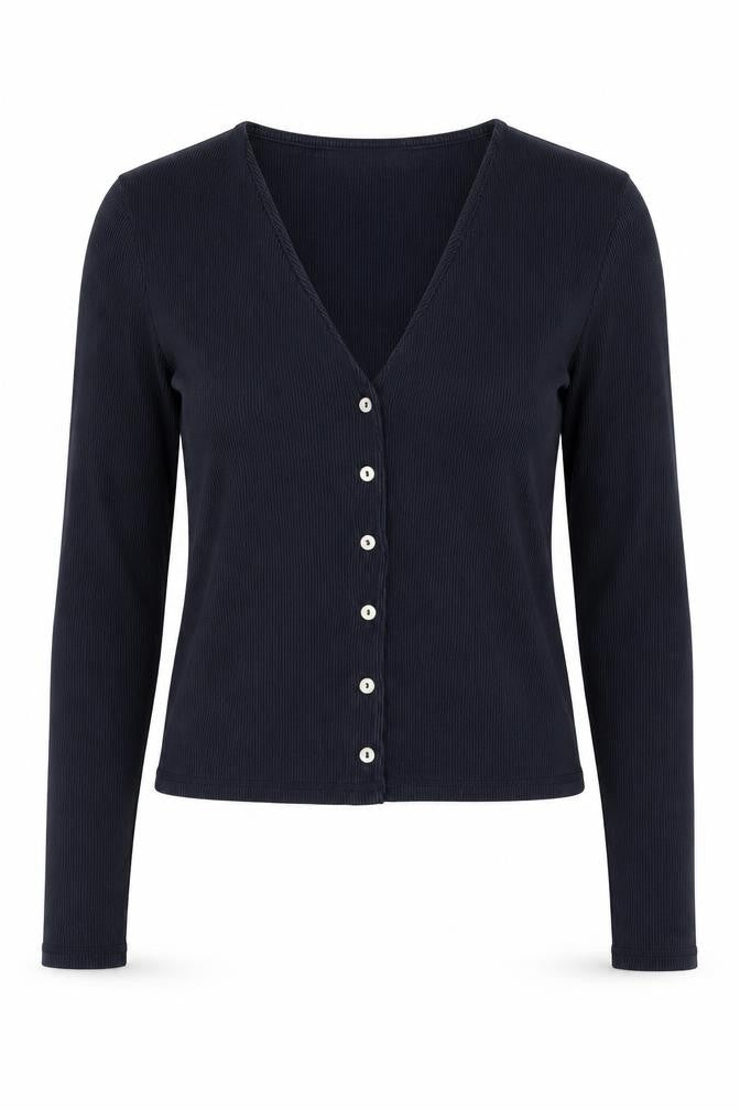 Front view of Mango Women's Blue Long Sleeve V-Neck Button-Up Top, size L