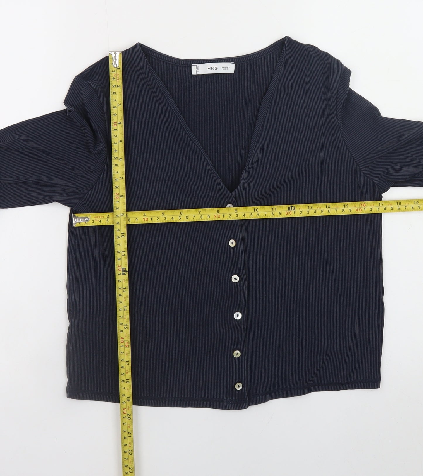 MNG Women's Blue Long Sleeve V-Neck Button-Up Top Size L