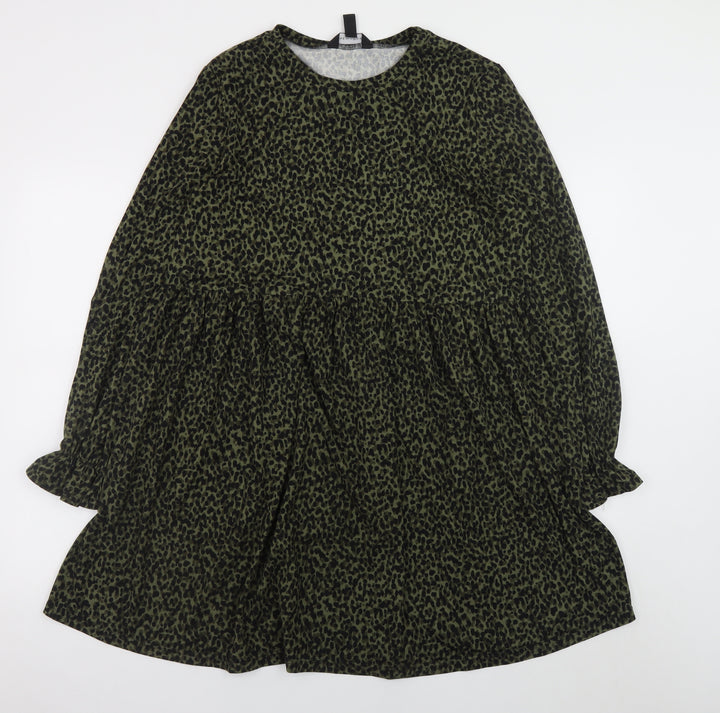 New Look Women’s Green Leopard Print Smock Dress Size 12 Long Sleeve
