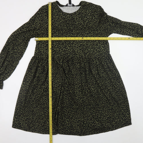 New Look Women’s Green Leopard Print Smock Dress Size 12 Long Sleeve