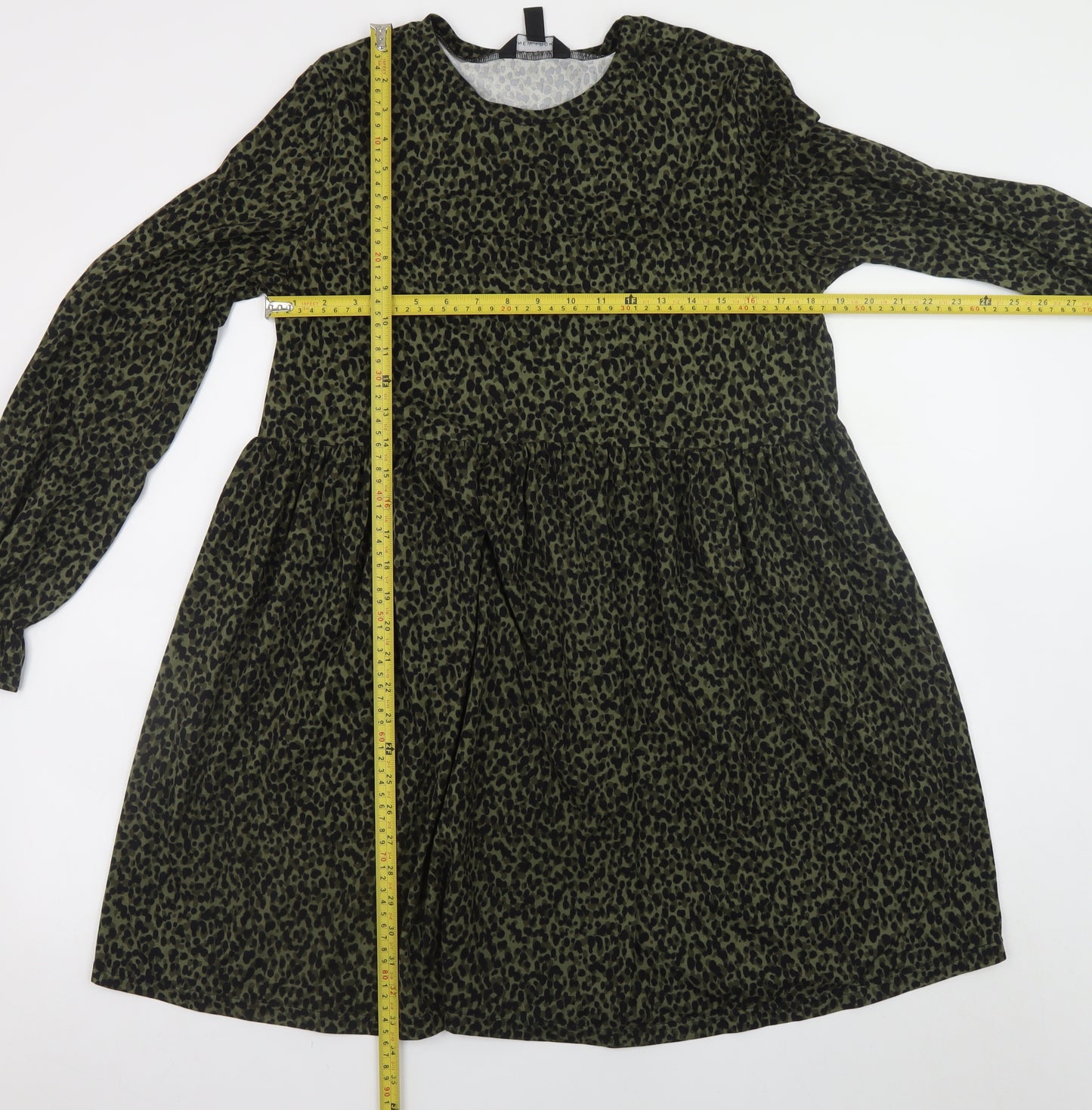 New Look Women’s Green Leopard Print Smock Dress Size 12 Long Sleeve