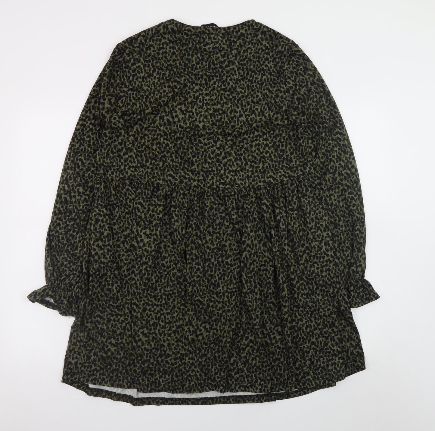 New Look Women’s Green Leopard Print Smock Dress Size 12 Long Sleeve