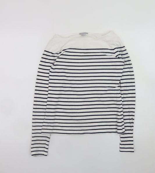 H&M Womens White Navy Striped Boat Neck Long Sleeve Cotton Top Size 12