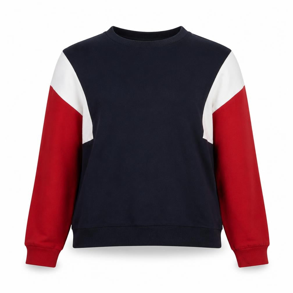 Front view of H&M Divided women’s navy red colourblock cotton pullover sweatshirt m