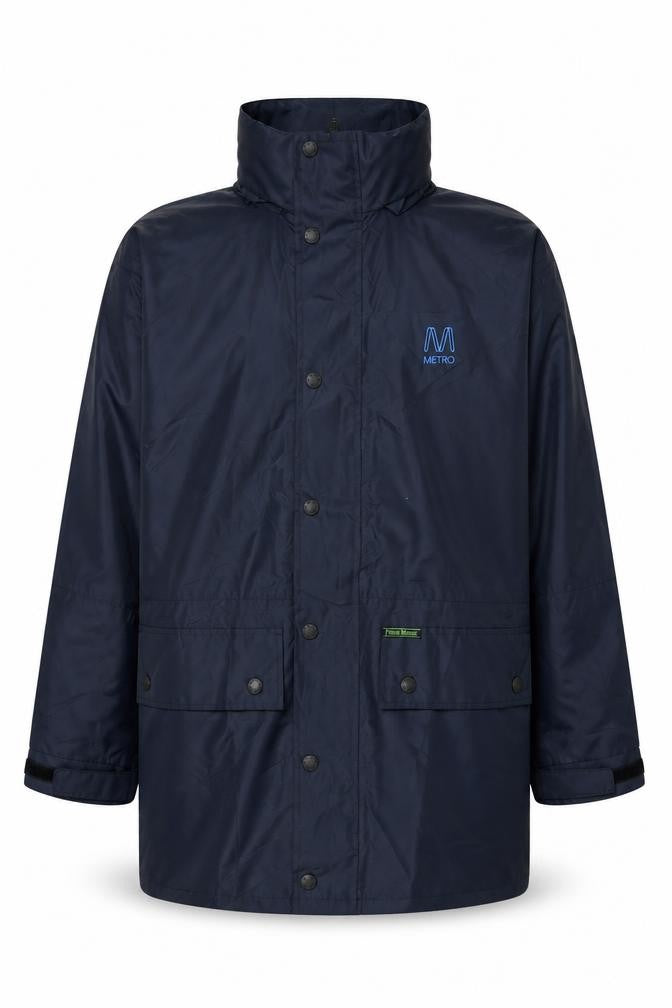 Front view of Prime Mover Men's Blue Waterproof Rain Jacket S Regular Fit