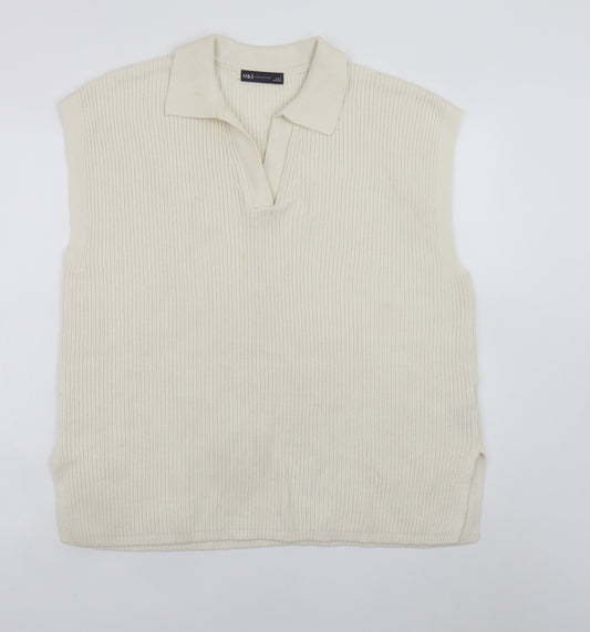 Marks and Spencer Men's Ivory Cotton Knit Sleeveless Collared Vest L