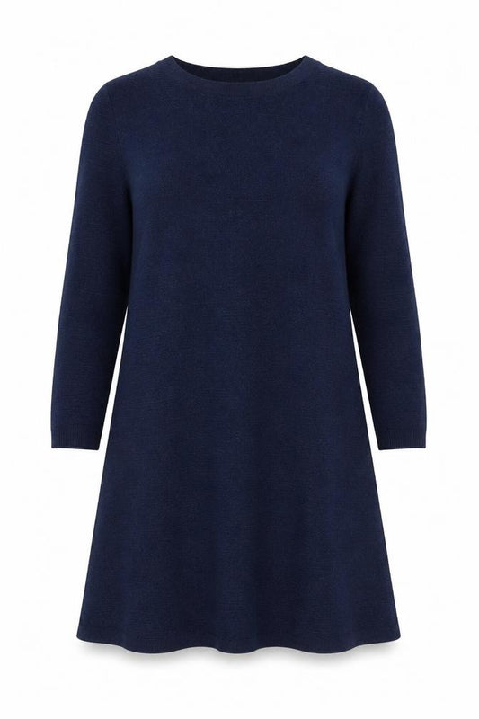 Front view of FatFace women’s blue cotton knit a-line dress, size UK 12