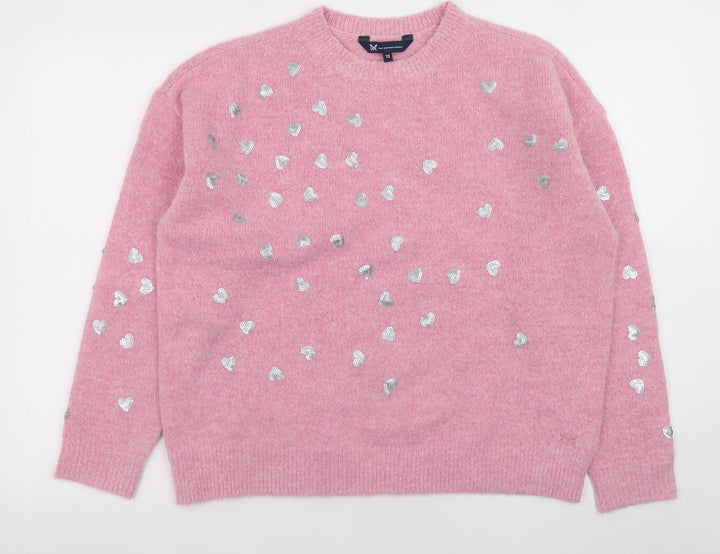 Crew Clothing Women Pink Sequin Heart Pullover Jumper Size 12