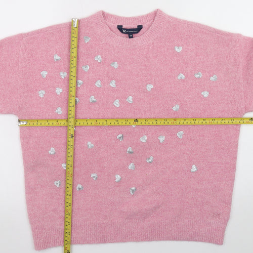 Crew Clothing Women Pink Sequin Heart Pullover Jumper Size 12