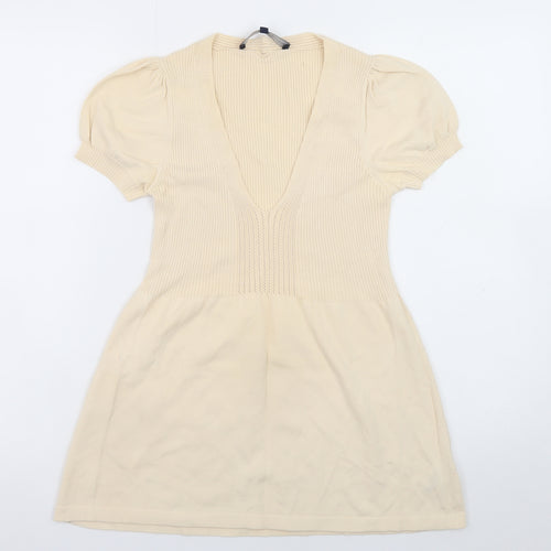 French Connection Women Beige Short Cotton Fit & Flare Dress M