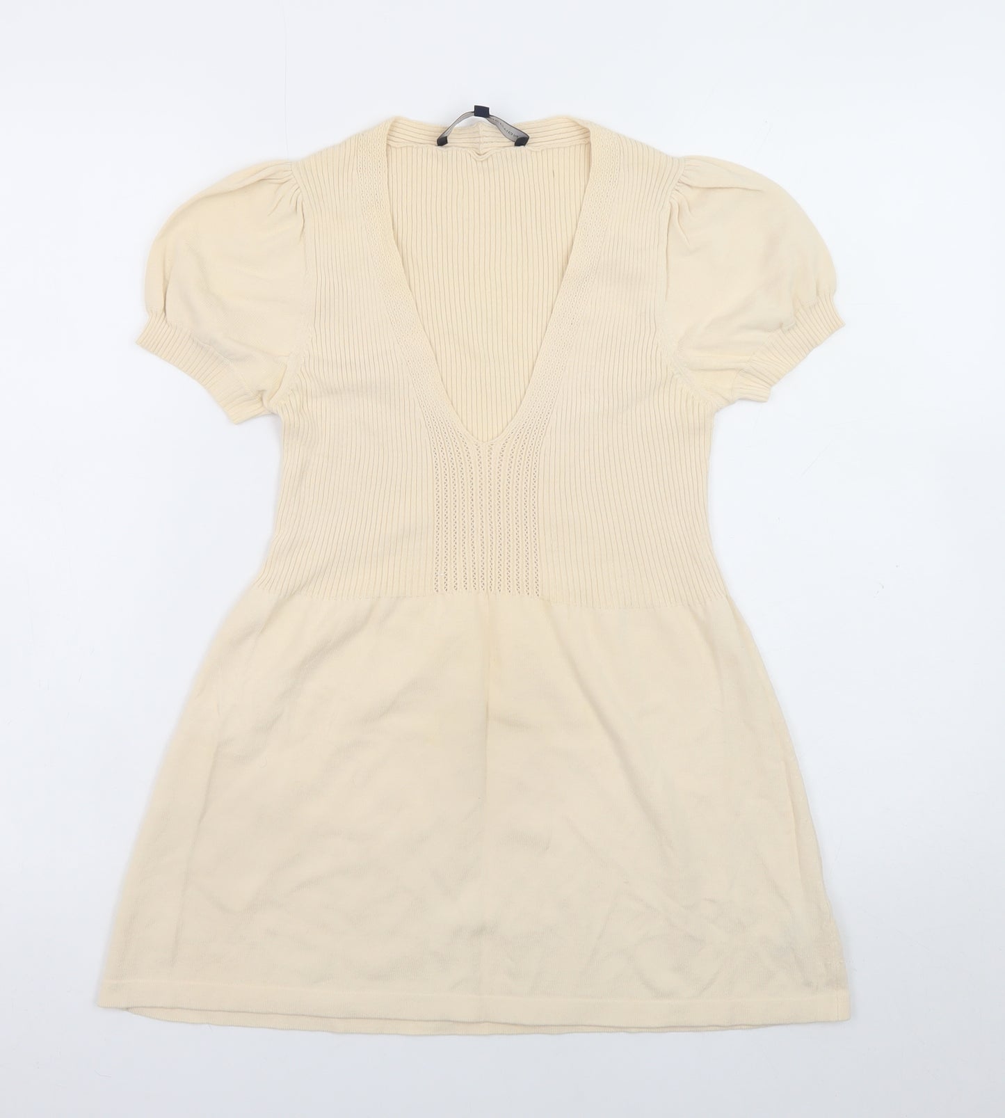 French Connection Women Beige Short Cotton Fit & Flare Dress M
