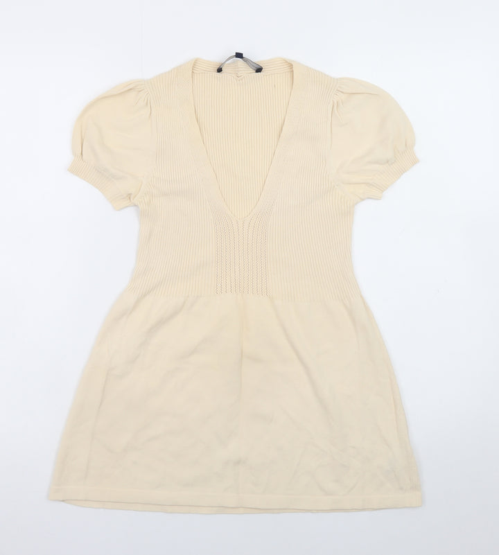 French Connection Women Beige Short Cotton Fit & Flare Dress M